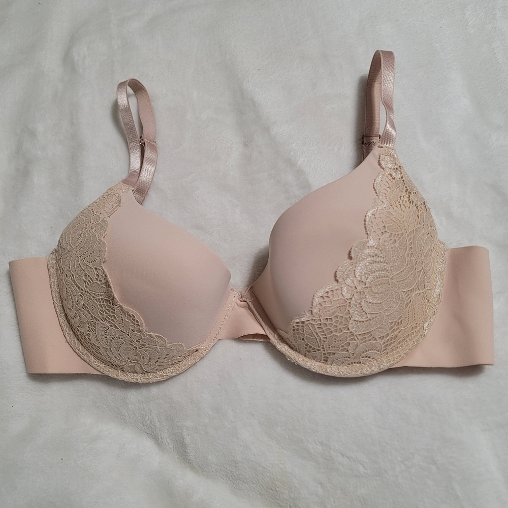 Marilyn Monroe Bra Sz 36C Nude Tan Lace Adjustable Straps Rose Gold Excellent
